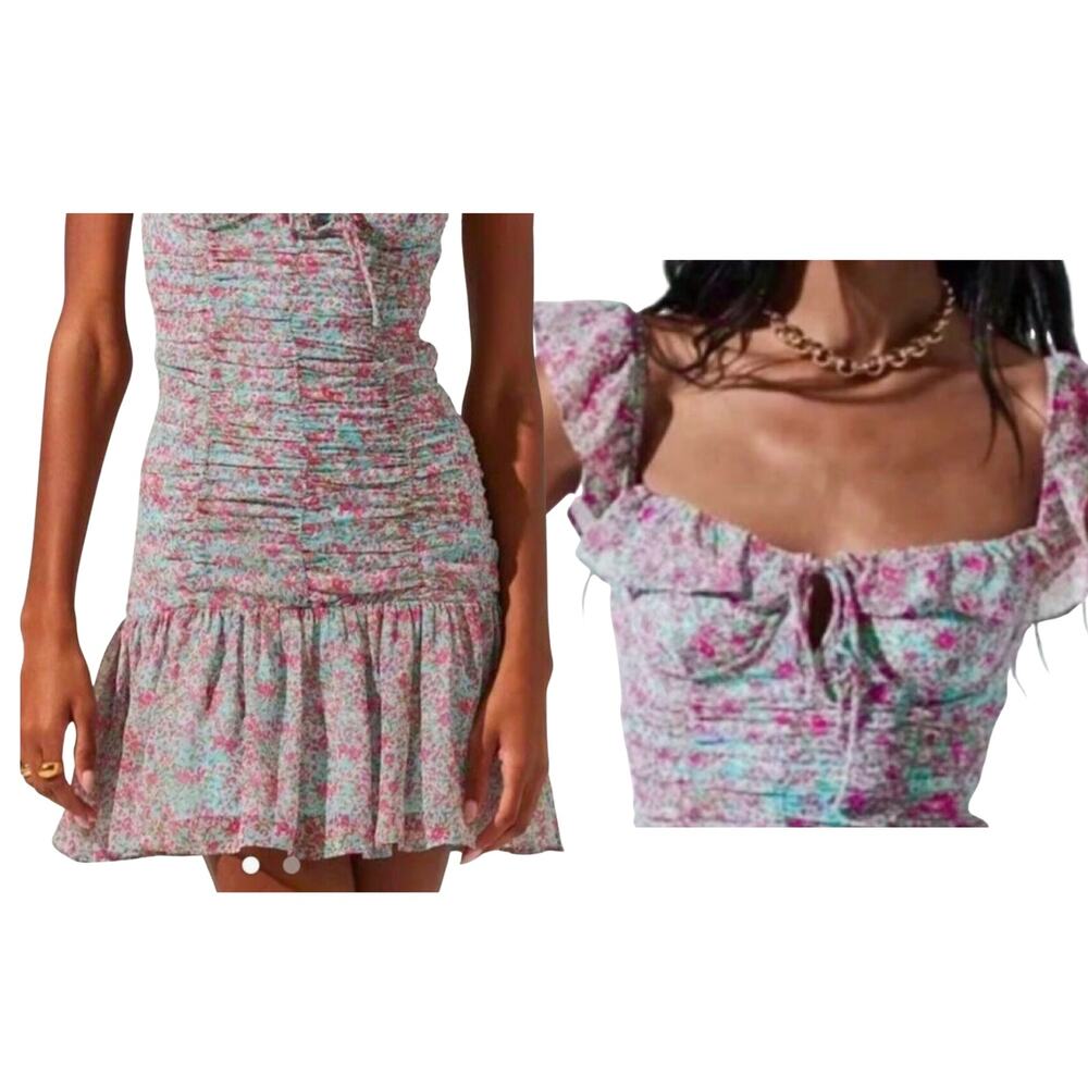 Anthropologie ASTR the Label S Floral Ruched Ruffle Mini Dress Milkmaid Coquette - Picture 2 of 12